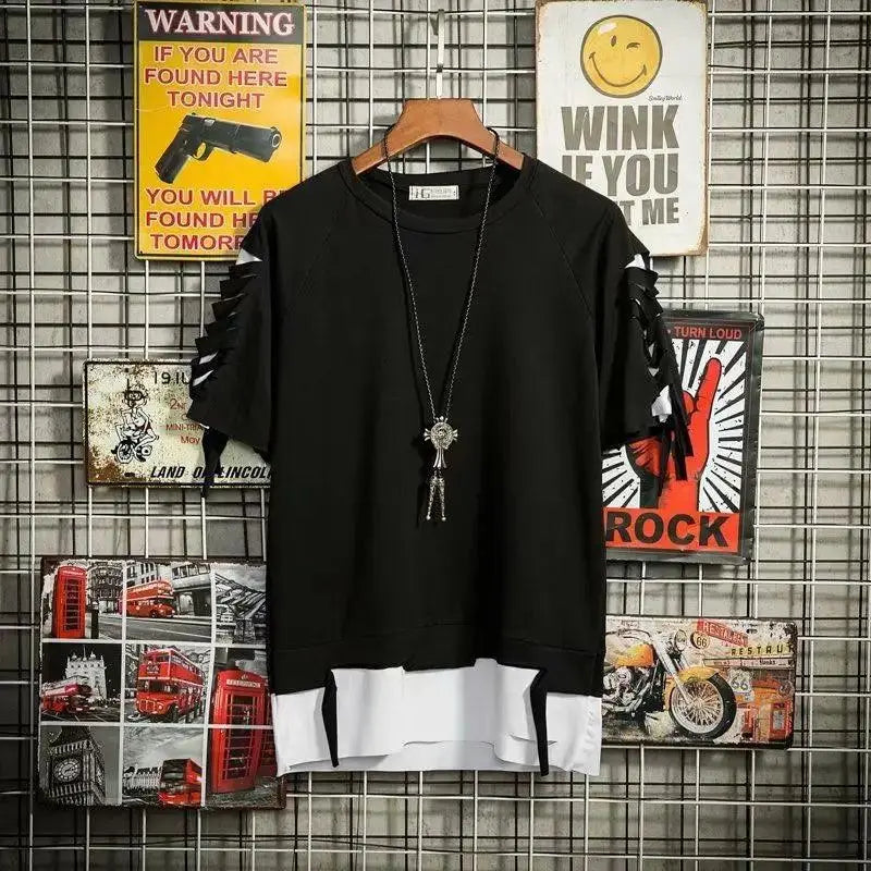 super Fire Ribbon Hooded Hip Hop Short Sleeve Hip Hop Fashion T-shirt Men's Fake Two-piece Street Bf Loose Five Sleeve T-shirt - SS69