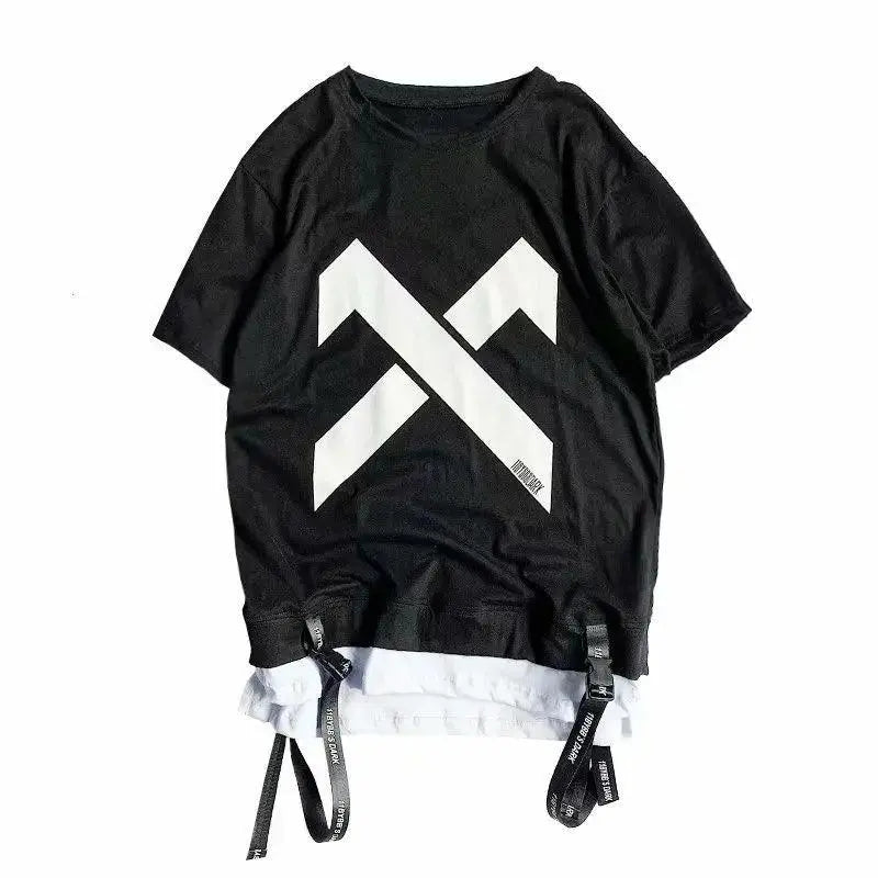 super Fire Ribbon Hooded Hip Hop Short Sleeve Hip Hop Fashion T-shirt Men's Fake Two-piece Street Bf Loose Five Sleeve T-shirt - SS69