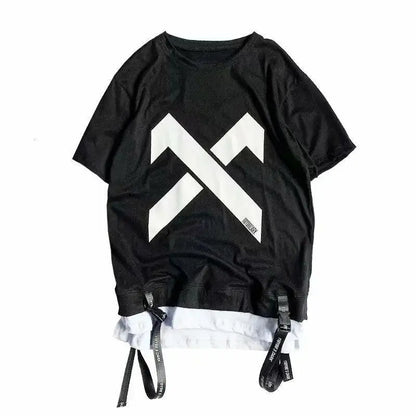 super Fire Ribbon Hooded Hip Hop Short Sleeve Hip Hop Fashion T-shirt Men's Fake Two-piece Street Bf Loose Five Sleeve T-shirt - SS69