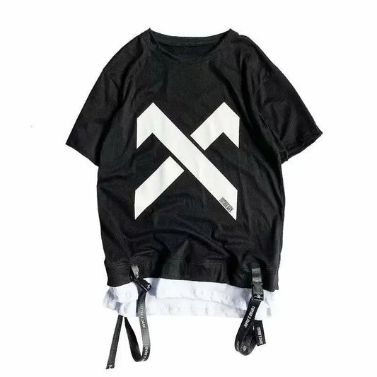 super Fire Ribbon Hooded Hip Hop Short Sleeve Hip Hop Fashion T-shirt Men's Fake Two-piece Street Bf Loose Five Sleeve T-shirt - SS69