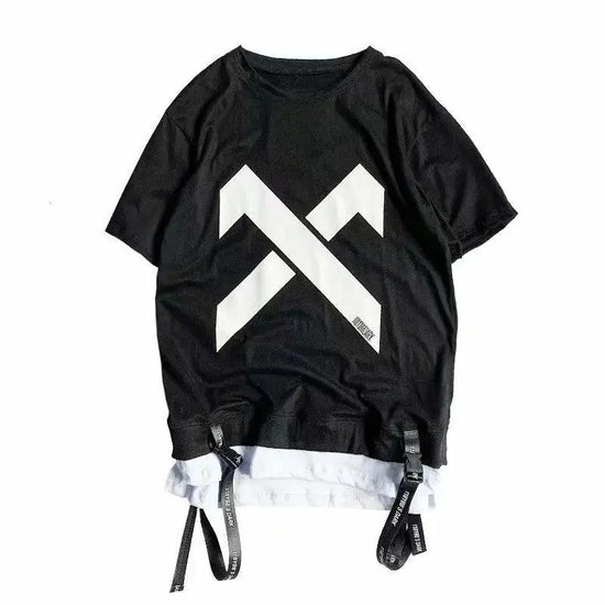 super Fire Ribbon Hooded Hip Hop Short Sleeve Hip Hop Fashion T-shirt Men's Fake Two-piece Street Bf Loose Five Sleeve T-shirt - SS69