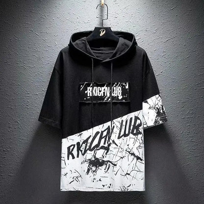 super Fire Ribbon Hooded Hip Hop Short Sleeve Hip Hop Fashion T-shirt Men's Fake Two-piece Street Bf Loose Five Sleeve T-shirt - SS69