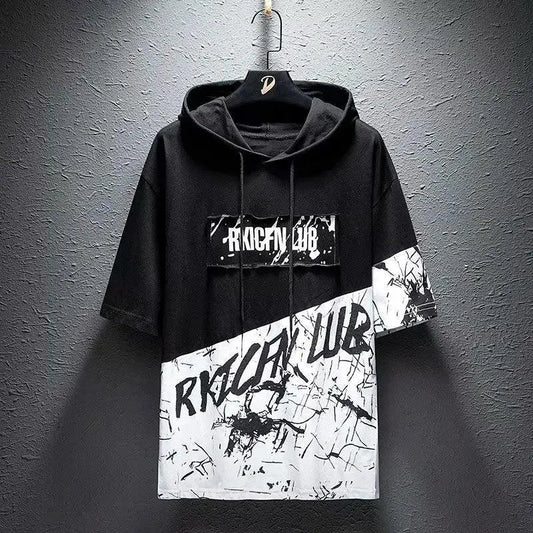 super Fire Ribbon Hooded Hip Hop Short Sleeve Hip Hop Fashion T-shirt Men's Fake Two-piece Street Bf Loose Five Sleeve T-shirt - SS69