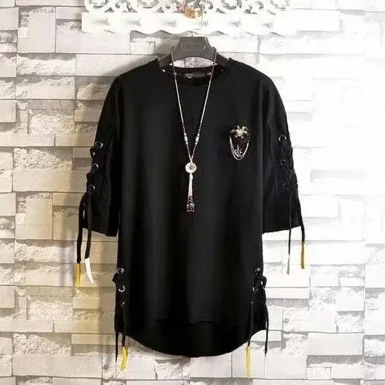 super Fire Ribbon Hooded Hip Hop Short Sleeve Hip Hop Fashion T-shirt Men's Fake Two-piece Street Bf Loose Five Sleeve T-shirt - SS69