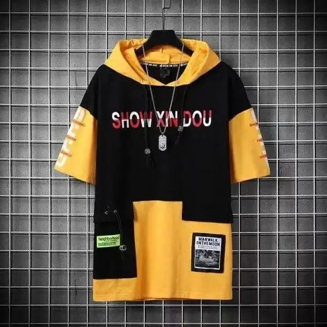 super Fire Ribbon Hooded Hip Hop Short Sleeve Hip Hop Fashion T-shirt Men's Fake Two-piece Street Bf Loose Five Sleeve T-shirt - SS69