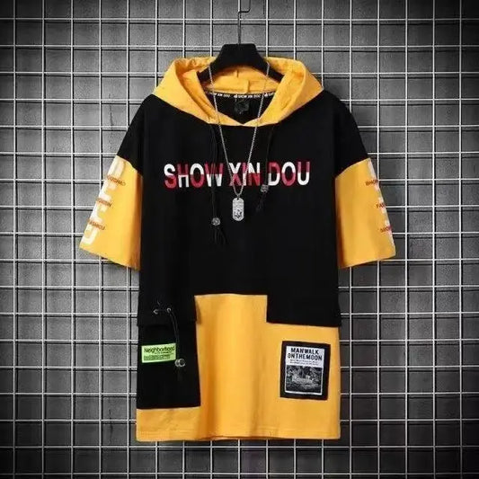 super Fire Ribbon Hooded Hip Hop Short Sleeve Hip Hop Fashion T-shirt Men's Fake Two-piece Street Bf Loose Five Sleeve T-shirt - SS69