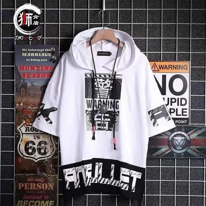 super Fire Ribbon Hooded Hip Hop Short Sleeve Hip Hop Fashion T-shirt Men's Fake Two-piece Street Bf Loose Five Sleeve T-shirt - SS69