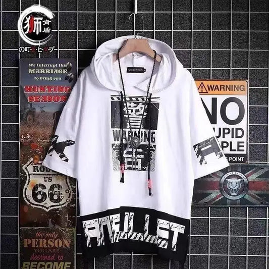 super Fire Ribbon Hooded Hip Hop Short Sleeve Hip Hop Fashion T-shirt Men's Fake Two-piece Street Bf Loose Five Sleeve T-shirt - SS69