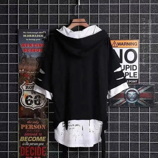 super Fire Ribbon Hooded Hip Hop Short Sleeve Hip Hop Fashion T-shirt Men's Fake Two-piece Street Bf Loose Five Sleeve T-shirt SS69