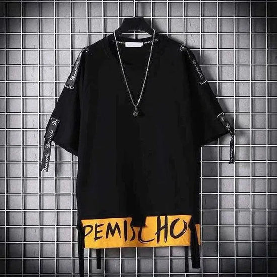 super Fire Ribbon Hooded Hip Hop Short Sleeve Hip Hop Fashion T-shirt Men's Fake Two-piece Street Bf Loose Five Sleeve T-shirt SS69