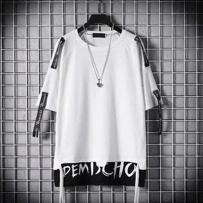 super Fire Ribbon Hooded Hip Hop Short Sleeve Hip Hop Fashion T-shirt Men's Fake Two-piece Street Bf Loose Five Sleeve T-shirt SS69