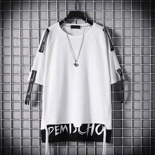 super Fire Ribbon Hooded Hip Hop Short Sleeve Hip Hop Fashion T-shirt Men's Fake Two-piece Street Bf Loose Five Sleeve T-shirt SS69
