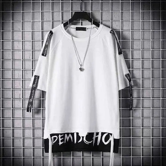 super Fire Ribbon Hooded Hip Hop Short Sleeve Hip Hop Fashion T-shirt Men's Fake Two-piece Street Bf Loose Five Sleeve T-shirt SS69