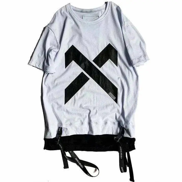 super Fire Ribbon Hooded Hip Hop Short Sleeve Hip Hop Fashion T-shirt Men's Fake Two-piece Street Bf Loose Five Sleeve T-shirt SS69