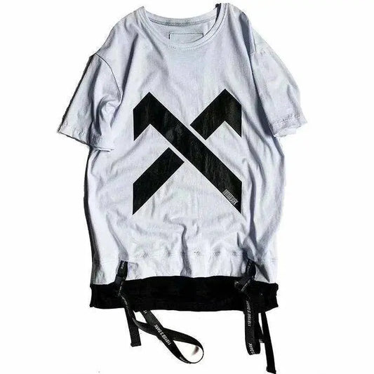super Fire Ribbon Hooded Hip Hop Short Sleeve Hip Hop Fashion T-shirt Men's Fake Two-piece Street Bf Loose Five Sleeve T-shirt SS69