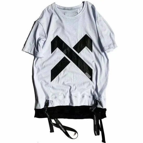 super Fire Ribbon Hooded Hip Hop Short Sleeve Hip Hop Fashion T-shirt Men's Fake Two-piece Street Bf Loose Five Sleeve T-shirt SS69