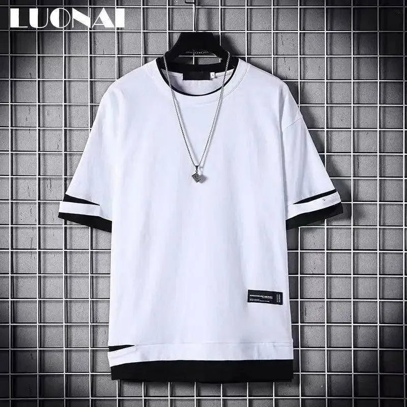 super Fire Ribbon Hooded Hip Hop Short Sleeve Hip Hop Fashion T-shirt Men's Fake Two-piece Street Bf Loose Five Sleeve T-shirt SS69