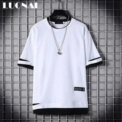 super Fire Ribbon Hooded Hip Hop Short Sleeve Hip Hop Fashion T-shirt Men's Fake Two-piece Street Bf Loose Five Sleeve T-shirt SS69