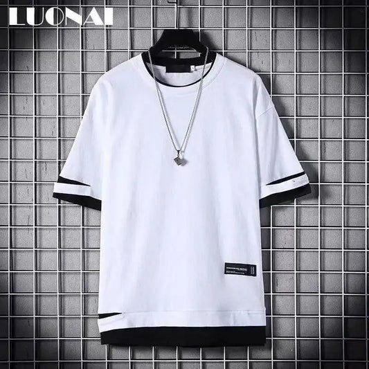 super Fire Ribbon Hooded Hip Hop Short Sleeve Hip Hop Fashion T-shirt Men's Fake Two-piece Street Bf Loose Five Sleeve T-shirt SS69