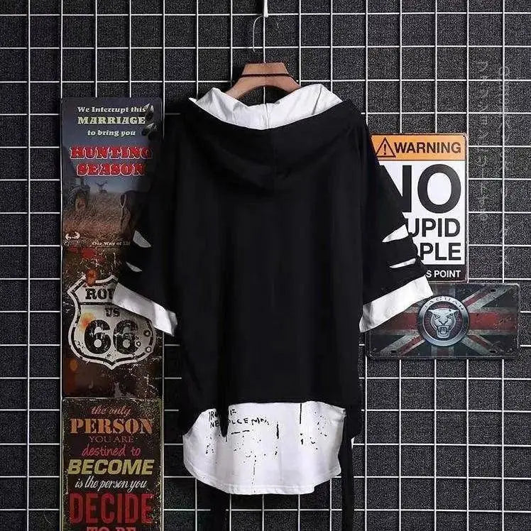 super Fire Ribbon Hooded Hip Hop Short Sleeve Hip Hop Fashion T-shirt Men's Fake Two-piece Street Bf Loose Five Sleeve T-shirt SS69