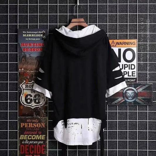super Fire Ribbon Hooded Hip Hop Short Sleeve Hip Hop Fashion T-shirt Men's Fake Two-piece Street Bf Loose Five Sleeve T-shirt SS69