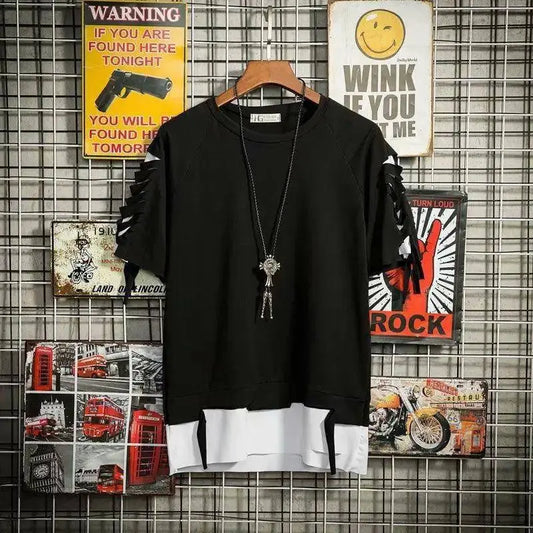 super Fire Ribbon Hooded Hip Hop Short Sleeve Hip Hop Fashion T-shirt Men's Fake Two-piece Street Bf Loose Five Sleeve T-shirt SS69