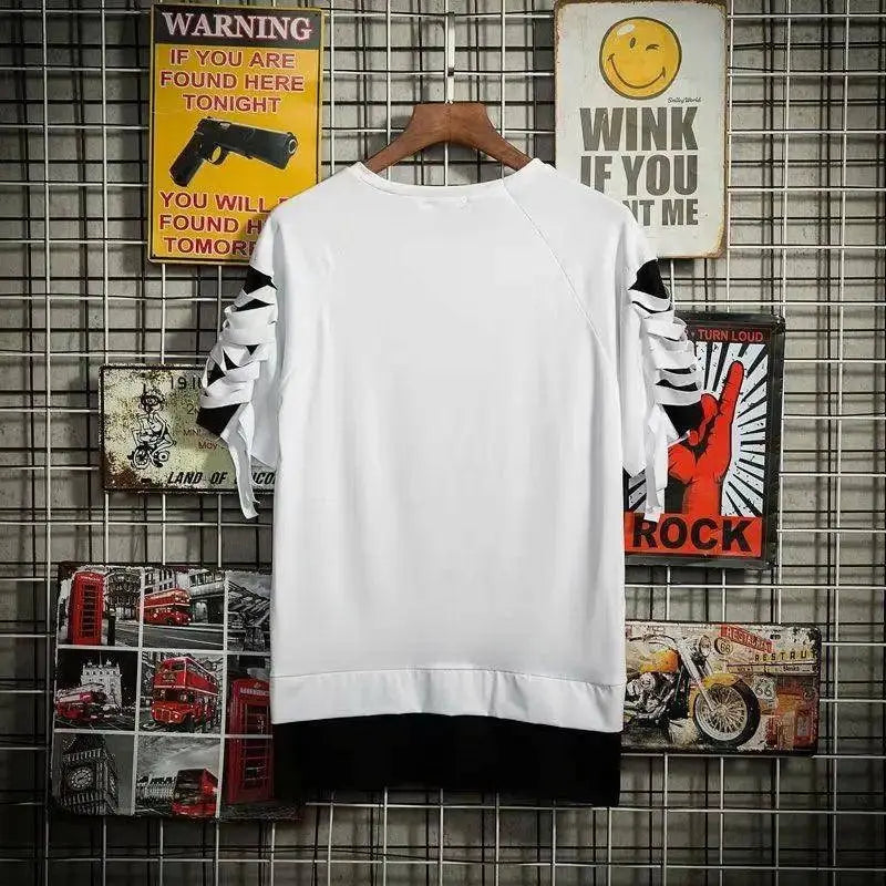 super Fire Ribbon Hooded Hip Hop Short Sleeve Hip Hop Fashion T-shirt Men's Fake Two-piece Street Bf Loose Five Sleeve T-shirt SS69