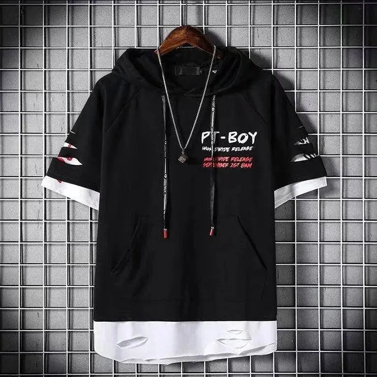 super Fire Ribbon Hooded Hip Hop Short Sleeve Hip Hop Fashion T-shirt Men's Fake Two-piece Street Bf Loose Five Sleeve T-shirt SS69 25.69 9 / Asian Size L