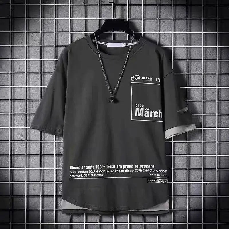 super Fire Ribbon Hooded Hip Hop Short Sleeve Hip Hop Fashion T-shirt Men's Fake Two-piece Street Bf Loose Five Sleeve T-shirt SS69 25.69 24 / Asian Size L