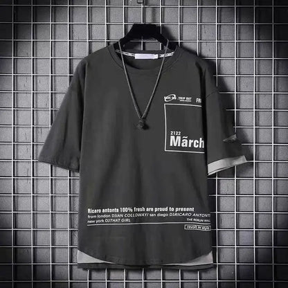 super Fire Ribbon Hooded Hip Hop Short Sleeve Hip Hop Fashion T-shirt Men's Fake Two-piece Street Bf Loose Five Sleeve T-shirt SS69 25.69 24 / Asian Size L