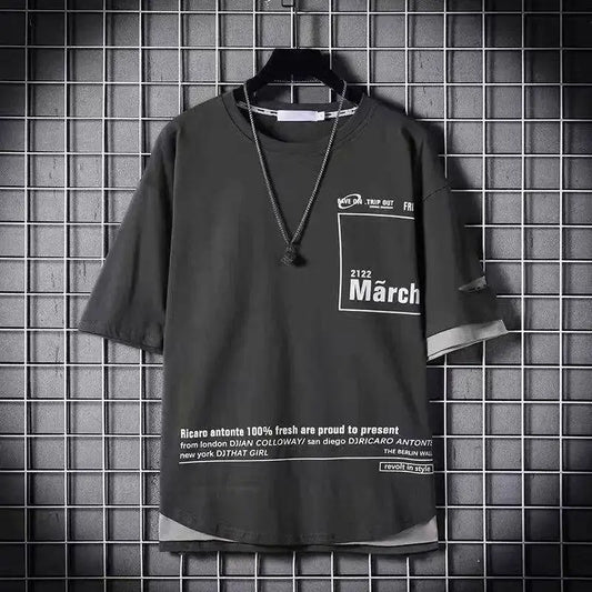 super Fire Ribbon Hooded Hip Hop Short Sleeve Hip Hop Fashion T-shirt Men's Fake Two-piece Street Bf Loose Five Sleeve T-shirt SS69 25.69 24 / Asian Size L