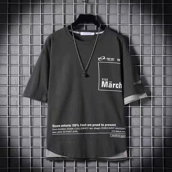 super Fire Ribbon Hooded Hip Hop Short Sleeve Hip Hop Fashion T-shirt Men's Fake Two-piece Street Bf Loose Five Sleeve T-shirt SS69 25.69 24 / Asian Size L