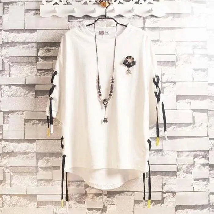 super Fire Ribbon Hooded Hip Hop Short Sleeve Hip Hop Fashion T-shirt Men's Fake Two-piece Street Bf Loose Five Sleeve T-shirt SS69 25.69 6 / Asian Size L