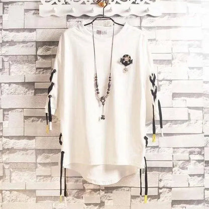 super Fire Ribbon Hooded Hip Hop Short Sleeve Hip Hop Fashion T-shirt Men's Fake Two-piece Street Bf Loose Five Sleeve T-shirt SS69 25.69 6 / Asian Size L