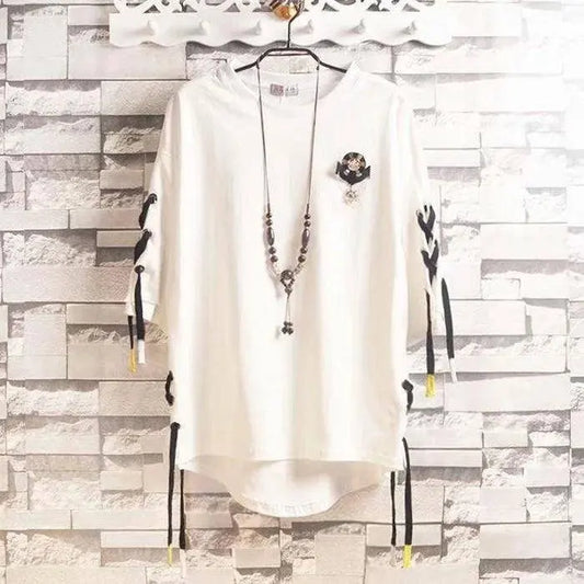 super Fire Ribbon Hooded Hip Hop Short Sleeve Hip Hop Fashion T-shirt Men's Fake Two-piece Street Bf Loose Five Sleeve T-shirt SS69 25.69 6 / Asian Size L