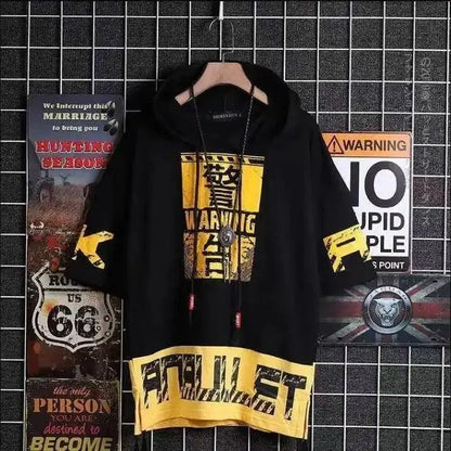 super Fire Ribbon Hooded Hip Hop Short Sleeve Hip Hop Fashion T-shirt Men's Fake Two-piece Street Bf Loose Five Sleeve T-shirt SS69 34.69 17 / Asian Size L