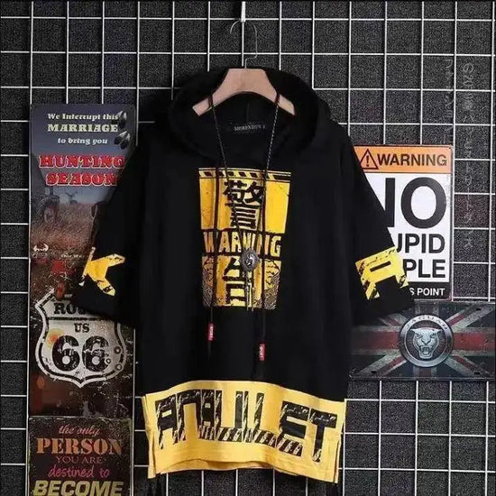 super Fire Ribbon Hooded Hip Hop Short Sleeve Hip Hop Fashion T-shirt Men's Fake Two-piece Street Bf Loose Five Sleeve T-shirt SS69 34.69 17 / Asian Size L