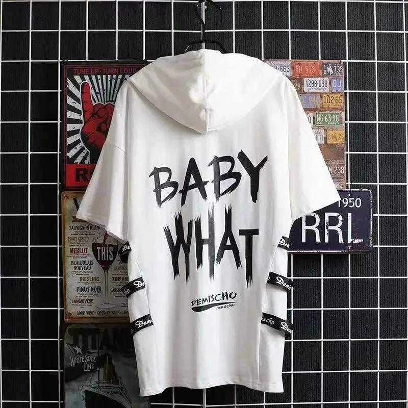 super Fire Ribbon Hooded Hip Hop Short Sleeve Hip Hop Fashion T-shirt Men's Fake Two-piece Street Bf Loose Five Sleeve T-shirt SS69 34.69 7 / Asian Size XXL