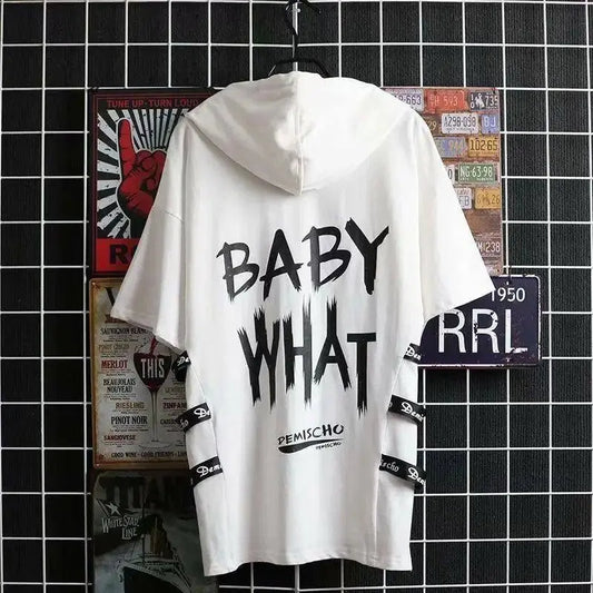 super Fire Ribbon Hooded Hip Hop Short Sleeve Hip Hop Fashion T-shirt Men's Fake Two-piece Street Bf Loose Five Sleeve T-shirt SS69 34.69 7 / Asian Size XXL