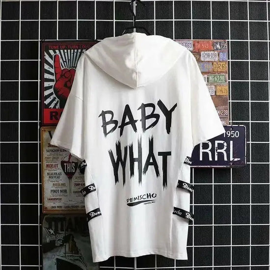 super Fire Ribbon Hooded Hip Hop Short Sleeve Hip Hop Fashion T-shirt Men's Fake Two-piece Street Bf Loose Five Sleeve T-shirt SS69 34.69 7 / Asian Size XXL