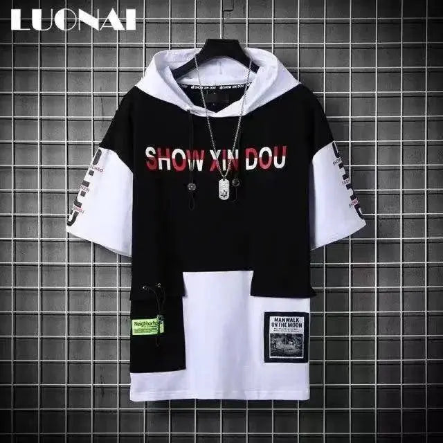 super Fire Ribbon Hooded Hip Hop Short Sleeve Hip Hop Fashion T-shirt Men's Fake Two-piece Street Bf Loose Five Sleeve T-shirt SS69 25.69 22 / Asian Size L