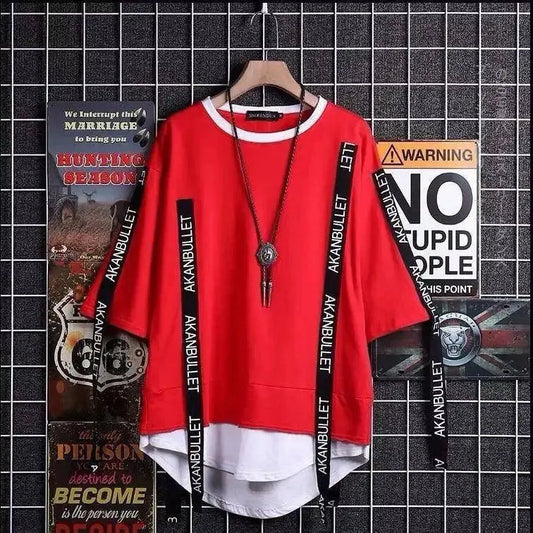 super Fire Ribbon Hooded Hip Hop Short Sleeve Hip Hop Fashion T-shirt Men's Fake Two-piece Street Bf Loose Five Sleeve T-shirt SS69 34.69 16 / Asian Size L