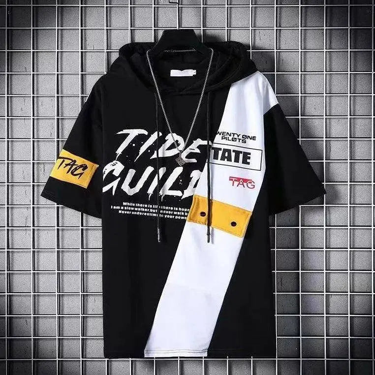 super Fire Ribbon Hooded Hip Hop Short Sleeve Hip Hop Fashion T-shirt Men's Fake Two-piece Street Bf Loose Five Sleeve T-shirt SS69 25.69 31 / Asian Size XXL