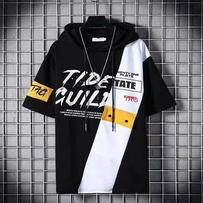 super Fire Ribbon Hooded Hip Hop Short Sleeve Hip Hop Fashion T-shirt Men's Fake Two-piece Street Bf Loose Five Sleeve T-shirt SS69 25.69 31 / Asian Size XXL