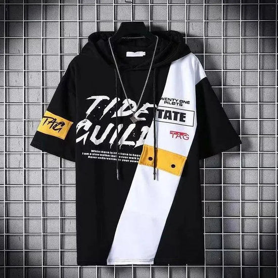 super Fire Ribbon Hooded Hip Hop Short Sleeve Hip Hop Fashion T-shirt Men's Fake Two-piece Street Bf Loose Five Sleeve T-shirt SS69 25.69 31 / Asian Size XXL