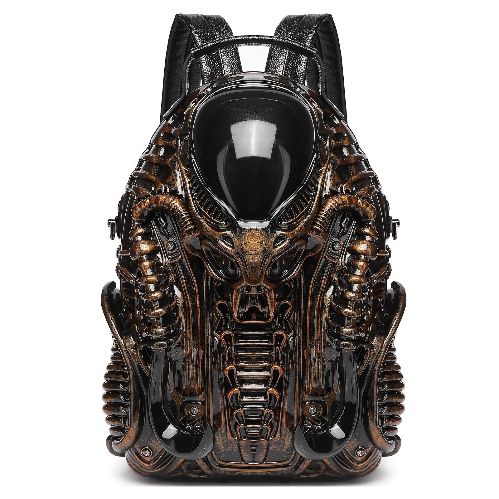 Unique 3D Alien Design Backpack - Street Punk Style, Unisex with Adjustable Straps, Zipper Closure, Black & Golden Accents, Perfect for Daily Commute, Ideal Gift for Sci - Fi and Punk Enthusiasts - SS69