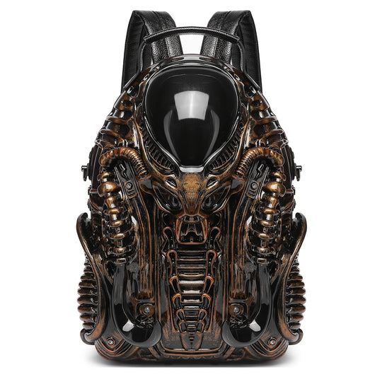 Unique 3D Alien Design Backpack - Street Punk Style, Unisex with Adjustable Straps, Zipper Closure, Black & Golden Accents, Perfect for Daily Commute, Ideal Gift for Sci - Fi and Punk Enthusiasts - SS69
