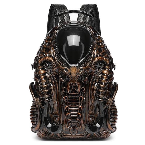 Unique 3D Alien Design Backpack - Street Punk Style, Unisex with Adjustable Straps, Zipper Closure, Black & Golden Accents, Perfect for Daily Commute, Ideal Gift for Sci - Fi and Punk Enthusiasts - SS69