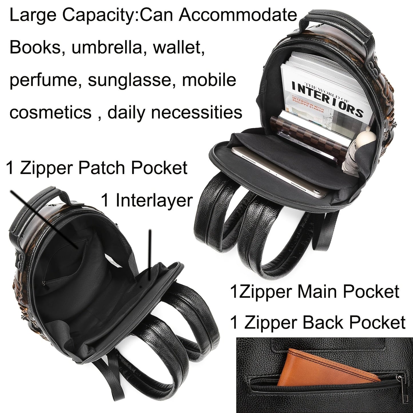 Unique 3D Alien Design Backpack - Street Punk Style, Unisex with Adjustable Straps, Zipper Closure, Black & Golden Accents, Perfect for Daily Commute, Ideal Gift for Sci - Fi and Punk Enthusiasts - SS69