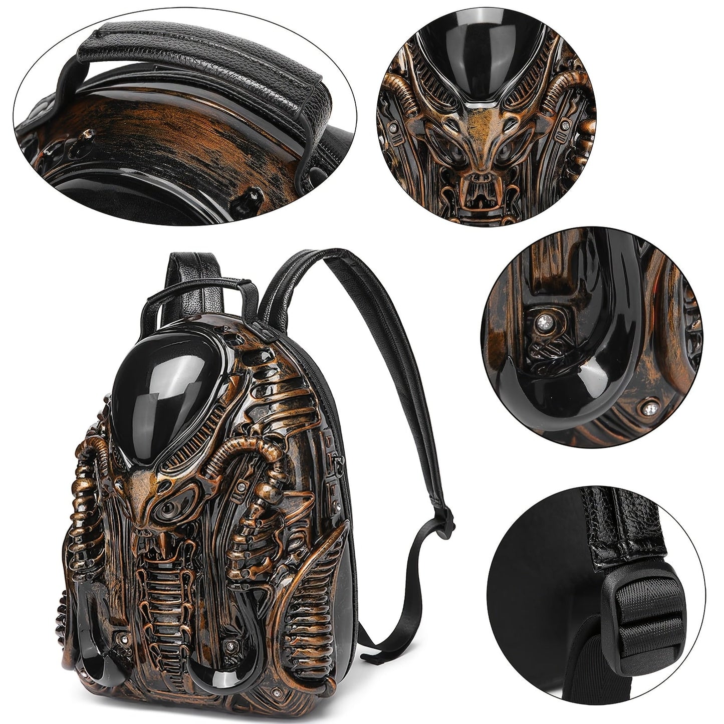 Unique 3D Alien Design Backpack - Street Punk Style, Unisex with Adjustable Straps, Zipper Closure, Black & Golden Accents, Perfect for Daily Commute, Ideal Gift for Sci - Fi and Punk Enthusiasts - SS69